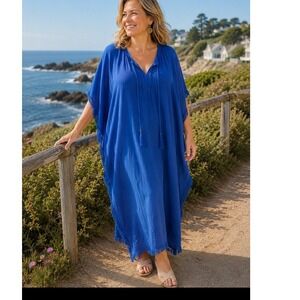 Camille & Co Blue Kaftan Maxi Dress Tassel Fringe Oversized Resort XL